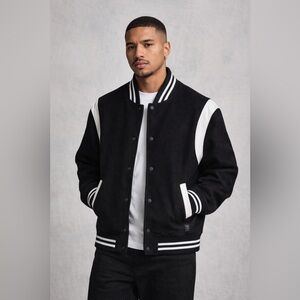 Hudson Men’s Black & White Varsity Jacket – Classic Snap Front – Size XL